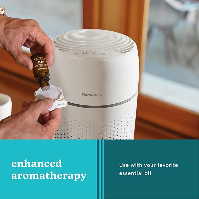 Homedics Air Purifier, 5-in-1 Tower Air Purifier, 99% HEPA-Type Filtration with UV-C Technology and Carbon Odor Filter, 4 Speeds, Essential Oil Aromatherapy Tray, for Medium Rooms