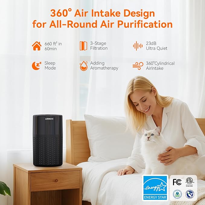 AIRROMI Pets Air Purifier for Home Allergies,Up to 660 ft².Yellow Deodorizing Activated Carbon Filter,With Fragrance Sponge for Better Sleep,Night Light,Pet Dander,Smoke,Odors,Air Cleaner A2002 Black