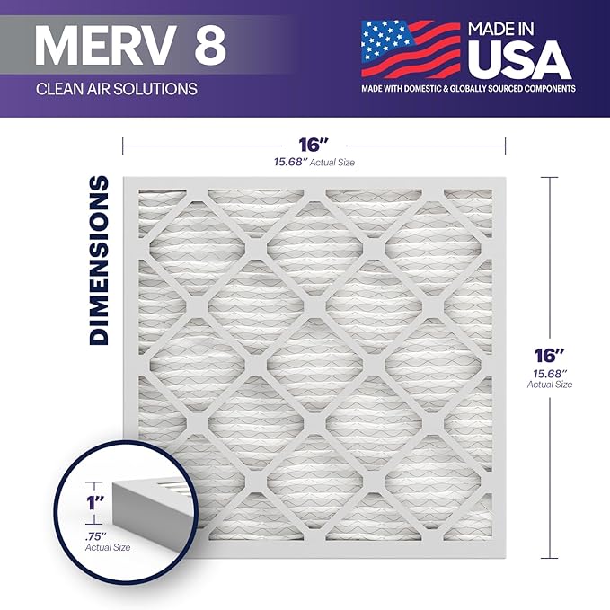 BNX TruFilter 16x16x1 Air Filter MERV 8 (6-Pack) - MADE IN USA – Dust & Pet Defense Air Conditioner HVAC AC Furnace Filters for Dust, Pet, Mold, Pollen MPR 600 – 700 & FPR 5