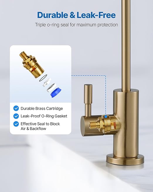 VEVOR Water Filter Faucet, SUS 304 RO Faucet, Lead-Free Solid Brass Valve Drinking Water Faucet, Fit Most Reverse Osmosis and Water Filtration System, Kitchen Filtered Water Tap, Brushed Gold