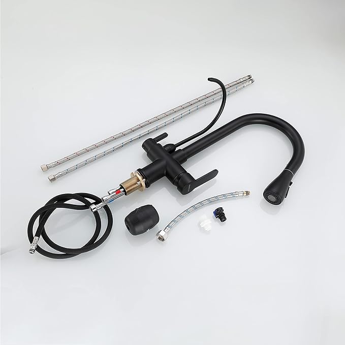 HUAHUALALA Matte Black Kitchen Sink Faucets with Pull Down Sprayer,Drinking Water Faucet,Modern Dual Handle 3-in-1 High Arc Water Filter Purifier Faucet for Reverse Osmosis or Water Filtration System