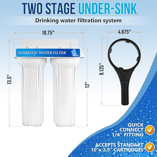 2 Stage Under Sink Drinking Water Filtration System Lead-Free Chrome Faucet Removes Chlorine & Yearly Supply (2 Extra) CTO & (3 Extra) PP Sediment Cartridges 5 Mic, Meets NSF Standards & Regulations