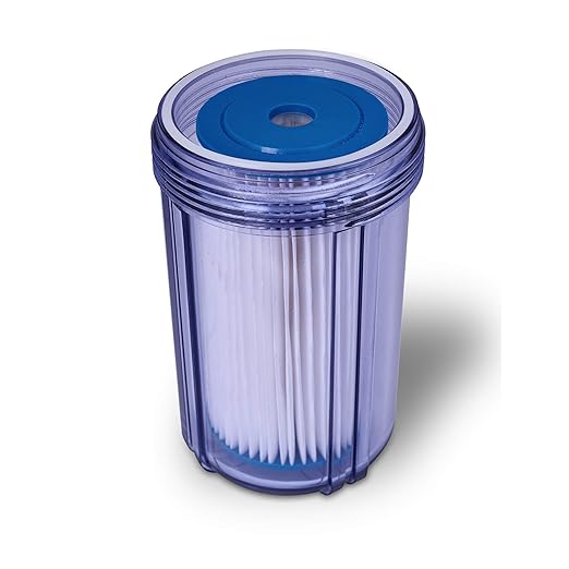 High Capacity 10 x 4.5-Inches Transparent Whole House Water Filter Purifier System with Presser Relief Button, 1” Inlet/Outlet Brass Port & Yearly Supply (4) Pleated Washable Sediment Cartridges 5 Mic