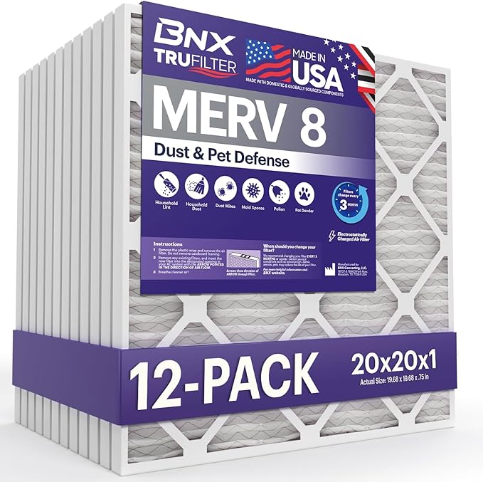 BNX TruFilter 20x20x1 Air Filter MERV 8 (12-Pack) - MADE IN USA – Dust & Pet Defense Electrostatic Pleated Air Conditioner HVAC AC Furnace Filters for Dust, Pet, Mold, Pollen MPR 600 – 700 & FPR 5