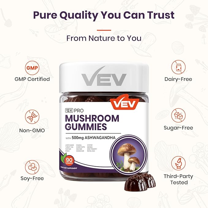 VEV Mushroom Gummies for Adults - 12x Mushroom Supplement with Lions Mane, Reishi, Cordyceps, and Turkey Tail - Ashwagandha - 90 Vegan Gummies
