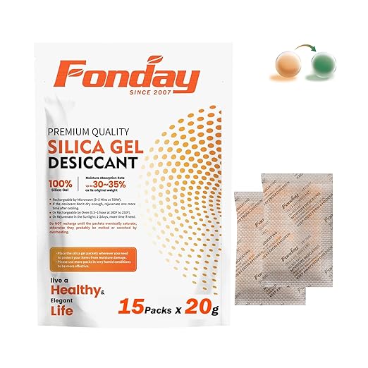 20Gram 15 Packets Fonday Rechargeable Silica Gel Desiccant Packets Food Grade Fast Reactivate Desiccant Bags Moisture Indicating Orange to Green