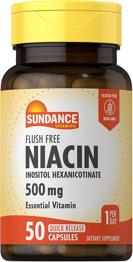 Sundance Flush Free Niacin 500 mg | 50 Capsules | Inositol Hexanicotinate | Essential Vitamin | Non-GMO & Gluten Free Supplement