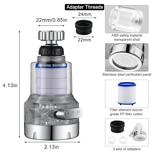 3 Pack Sink Water Filter Faucet, 360 ° Rotating Bathroom Sink Faucet Filter, 3 Spray Mode Adjustable Faucet Water Purifier Removes Chlorine Fluoride Heavy Metals Hard Water for Kitchen & Bathroom
