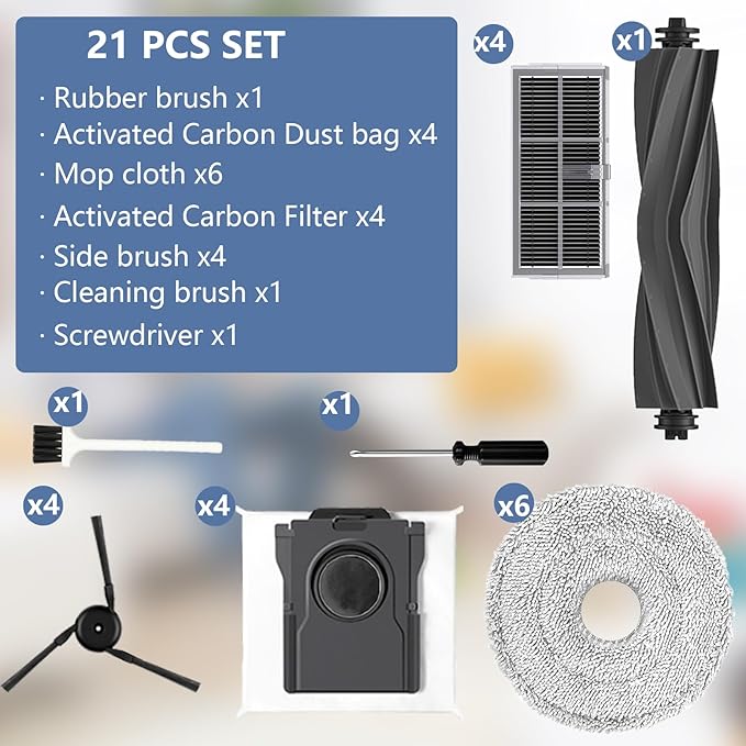 Yivy 21 Pcs Parts for Dreame X40 Ultra/L40 Ultra /X40 Master/Mova P50 Pro Ultra/Mova P10 Pro Ultra replacement: 4 Carbon HEPA filter, 4 Side Brushes,4Carbon dust Bags, 6 Mop Cloth