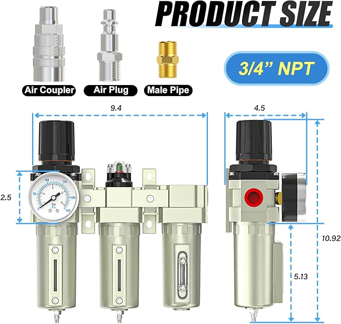 Heavy Duty Industrial Grade 3/4" NPT 3 Stage Air Drying System,Coalescing Filter, Particulate Filter, Desiccant Dryer and Air Regulator, Manual Drain, For Plasma Cutter and Paint Spray
