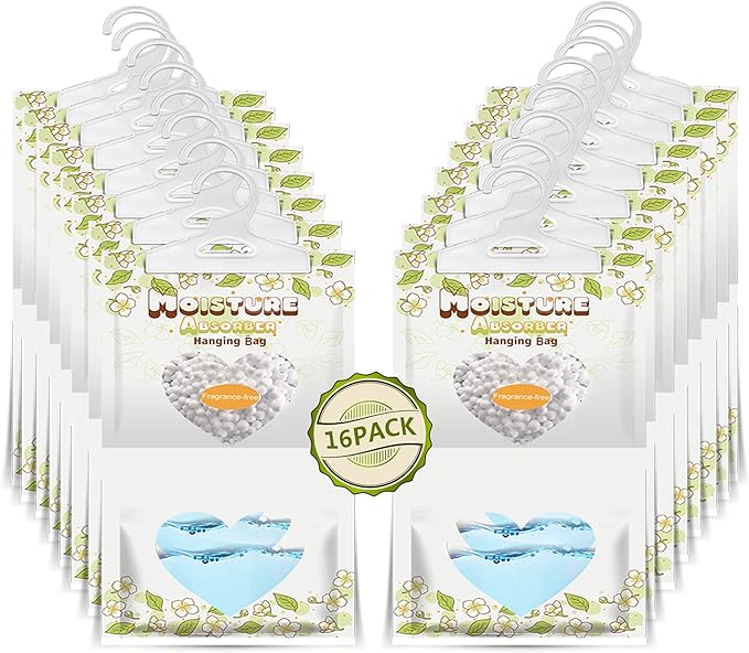 16 Pack Moisture Absorber Hanging Bags,220g/Pack Fagrance Free Moisture Bag,Hanging Closet Dehumidifier Bags for Basement Closet Storeroom