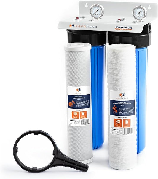 Aquaboon 2-Stage Whole House Water Filter System 20x4.5" with CTO & String Wound Water Filter Cartridges | Wrench, Bracket, Release & Gauges Included