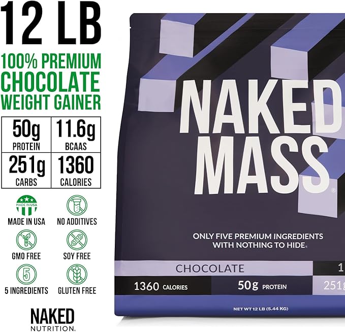 NAKED Chocolate Mass Gainer - All Natural Weight Gainer Protein Powder - 12LB Bulk, GMO Free, Gluten Free & Soy Free. No Artificial Ingredients - 1,360 Calories