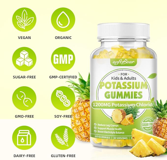 softbear Potassium Chloride Gummies 1200mg, Sugar-Free Potassium Gummies for Adults Support Leg Cramps High Potency Potassium Chloride Supplement, Pineapple Flavor 60 Count