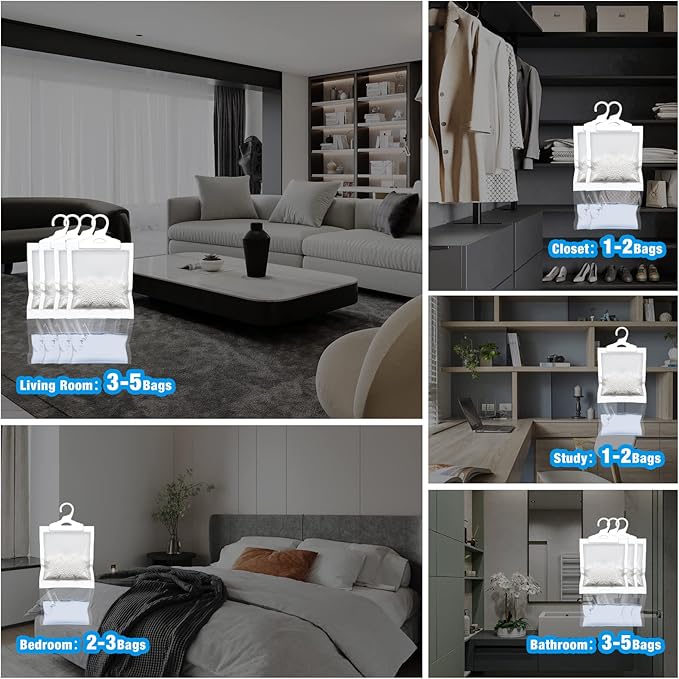 ZSZMFH 12 Pack Moisture Absorber Hanging Bags, Fragrance Free Humidity Packs, Hanging Closet Dehumidifier Bags-220g/pack