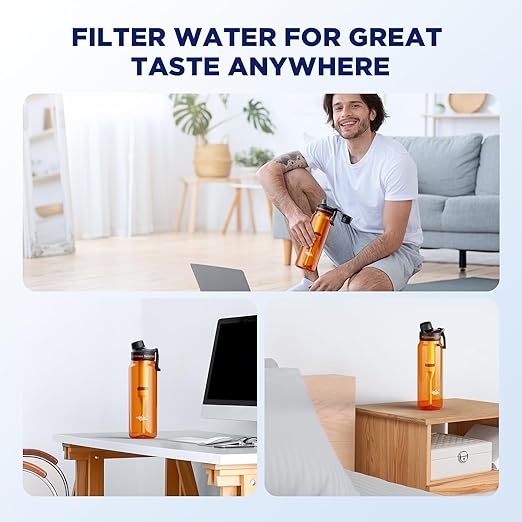 Membrane Solutions C3 Filtered Water Bottle, 36oz BPA-Free Bottle with Replaceable ACFX2 Filter Cartridge, Portable Water Filter, Travel, Hiking & Camping for Drinking Water Anywhere(Orange)