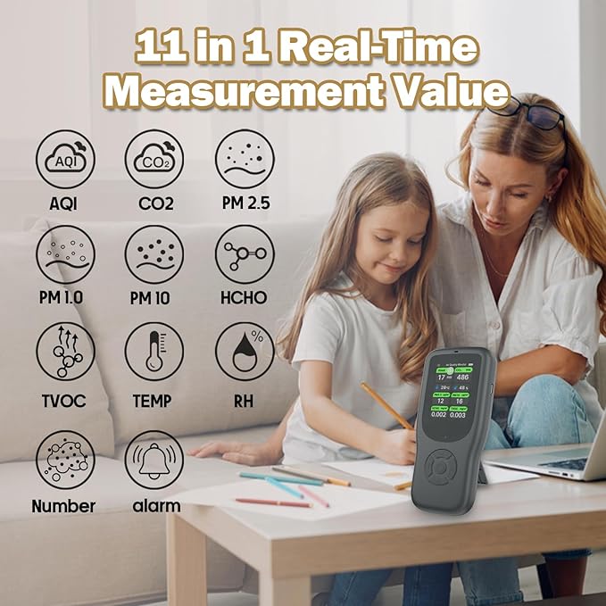 11-in-1 Air Quality Monitor - Portable Indoor Air Quality Detector with Stand, Real-Time Test for AQI, CO2, PM2.5, PM1.0, PM10, TVOC, HCHO, Particles, Temperature & Humidity with Aler (Black-Black)