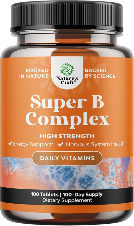 Super Vitamin B Complex for Women & Men - B Vitamins Complex with Thiamin, Riboflavin, Niacin, 6, 12 and Folate - Blend Supplement for Nervous System Support, Energy & High Strength - 100 Tablets