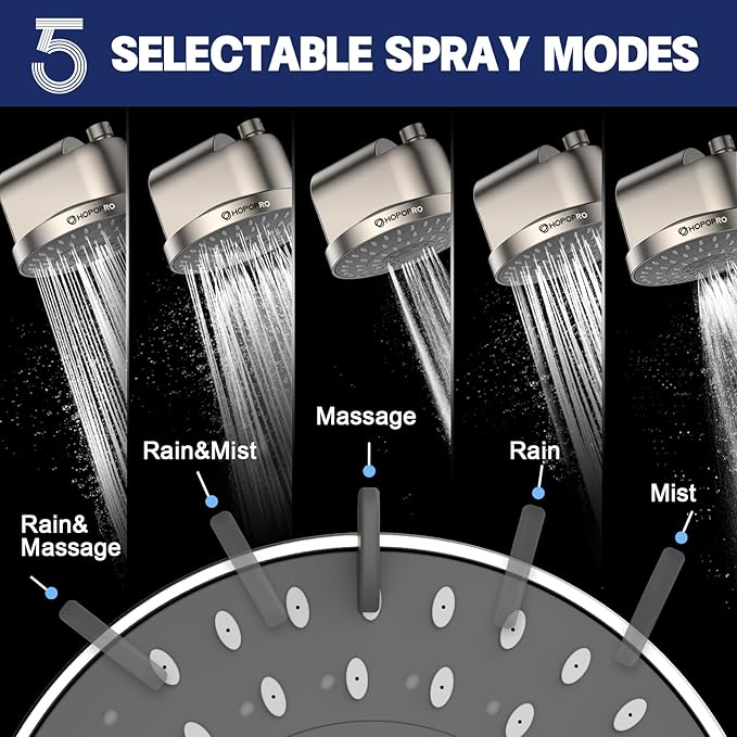 High Flow Filtered Shower Head, HOPOPRO 5 Modes High Pressure Fixed Showerhead with Filter, 2-In-1 Shower Head Filter for Hard Water, Remove 99% Chlorine, Improves Skin Hair Condition (6 Inch Brushed)