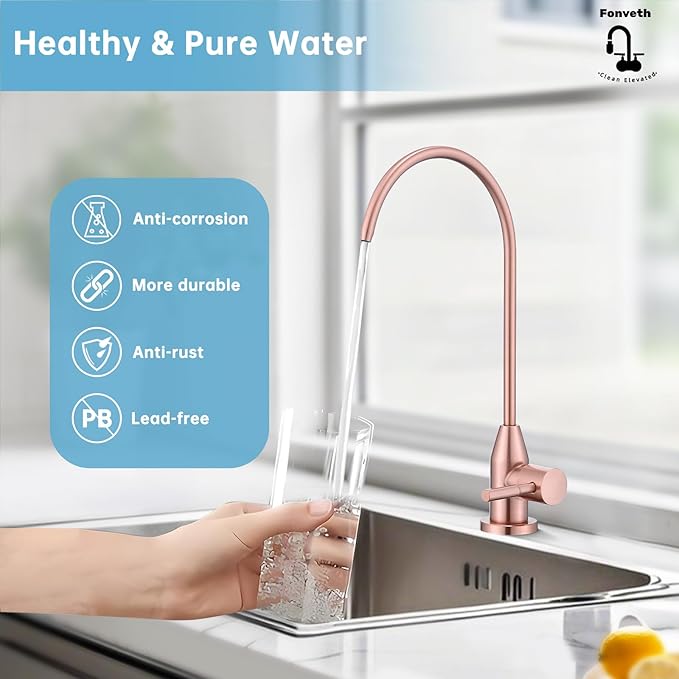 Drinking Water Faucet, Red Copper RO Faucet SUS 304 Stainless Steel for Under Sink Water Filter System Reverse Osmosis Non-Air Gap for Kitchen