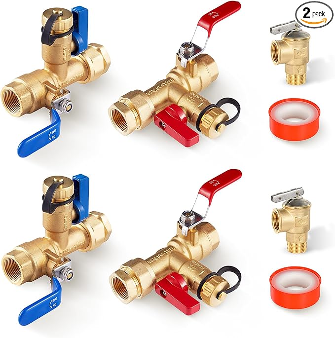 3/4 Inch GUOFIS IPS Tankless Water Heater Valve Kit with Pressure Relief Valve(3/4"FIPx 3/4" FIP),2 Set Water Heater Valve Kit