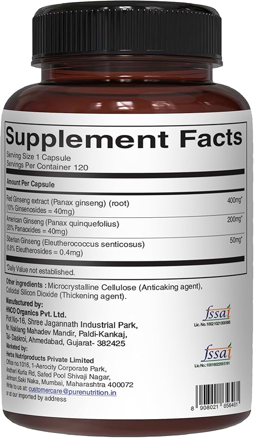 Pure Nutrition Triple Ginseng 650mg | 120 Caps | Complex for Men and Women | Highly Effective Combination of Red, American and Siberian Ginseng. Non GMO
