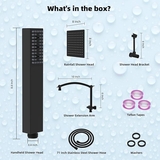 Hibbent All Metal 8'' Rainfall Shower Head, Square Shower Head Combo, High Pressure Handheld Shower Wand, 4 Sprays, 16'' Adjustable Arc-shaped Extension Arm, 71'' Hose, Showerhead Holder, Matte Black