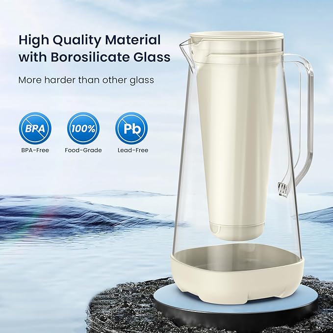 GLACIER FRESH 7 Cup Purela Glass Water Pitcher with 1 Ultrafiltration Membrane and Activated Carbon Filter, Reduces 99% Chlorine, PFOA&PFOS, Coliforms, BPA Free Materials, White