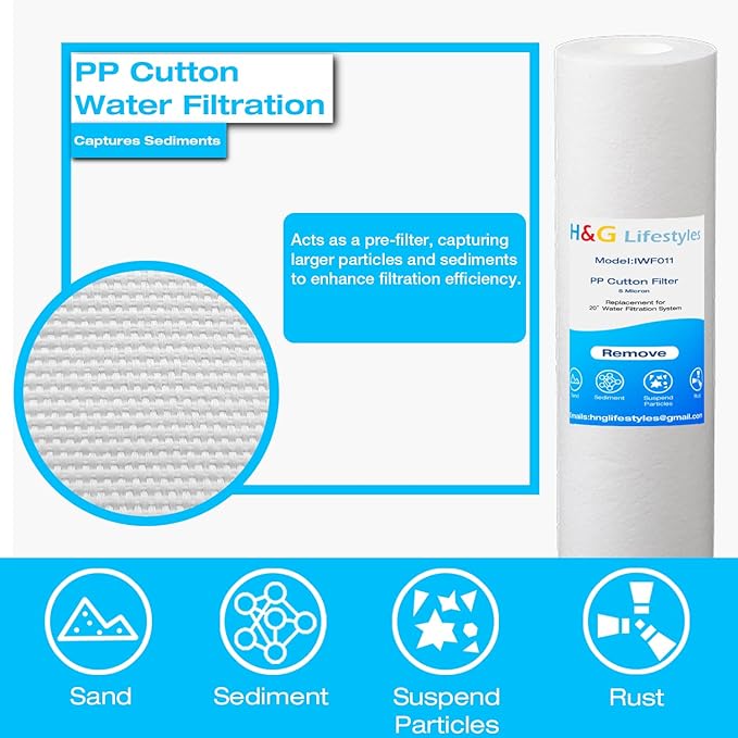 H&G Lifestyles 4.5" x 20" 3 Stage Whole House Water Filter Replacement set with Iron & Manganese Reducing Cartridges, GAC KDF, PP Cutton Cartridges,Replacement for Any 20" Water Filter
