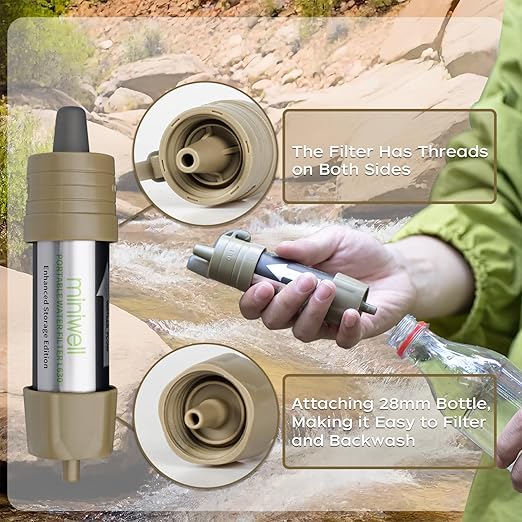 Miniwell L630 Portable Water Filter with Upgraded Vacuum Packaging - 25 Year Storage, Long Lasting and Versatile Usage Options, 3 Pack Filter and 1L Bottles