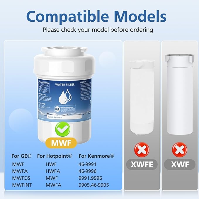 MWF Water Filter Compatible with GE® MWF®, SmartWater MWFP, MWFA, MWFINT, GWF, GWFA, HDX FMG-1, Kenmore® 9991, High Efficiency Filtration and Every 6 Months Value, NSF Certified, 4 Pack