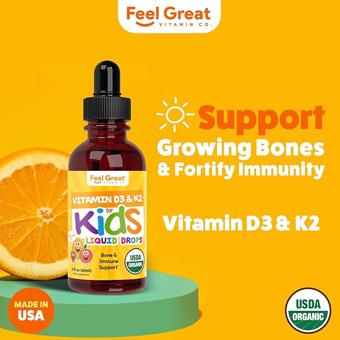 Feel Great USDA Organic Liquid Vitamin D Drops for Infants & Toddlers (2 oz) w/ K2 for Absorption | Vitamin D for Kids Supports Immune Support & Bone Health | Sugar Free, Vegan, Non-GMO & Gluten Free