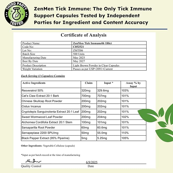 Zenmen Daily Tick Guard Immune Support Supplement - Improved Formula - Japanese Knotweed, Cat's Claw, Chinese Skullcap, Cryptolepis Sanguinolenta, Sweet Wormwood - 180 Vegan Capsules, Made in The USA