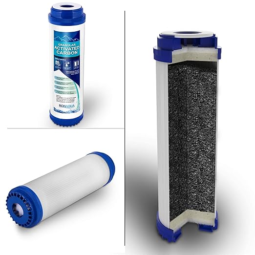 10 Inches European Design Transparent Standard Whole House Water Filter System with Presser Relief Valve, 3/4” Inlet/Outlet Brass Port and Yearly Supply (3) Granular Activated Carbon Cartridges