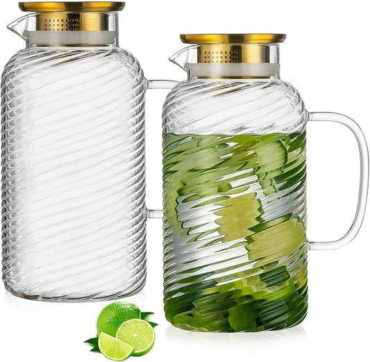 2 PACK Glass Pitcher with Lid, 68 oz/ 2 Liter Spiral Pattern Water Pitcher,Glass Water Carafe for Cold Brew, Coffee, Lemonade, Iced Sun Tea,Beverage, Milk, Heat Resistant
