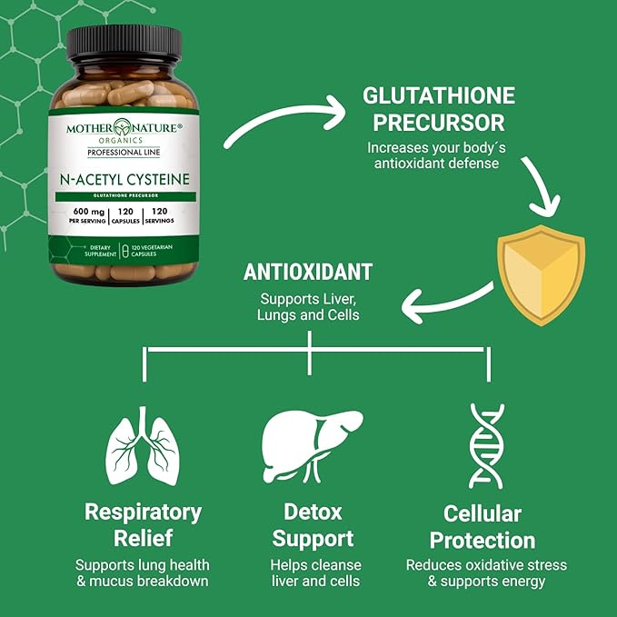 Mother Nature Organics NAC 600mg, Glass Bottle, N-Acetyl Cysteine Antioxidant Glutathione Precursor, Liver & Lung Support, Immune, Respiratory Health, and Detox (120 Count)