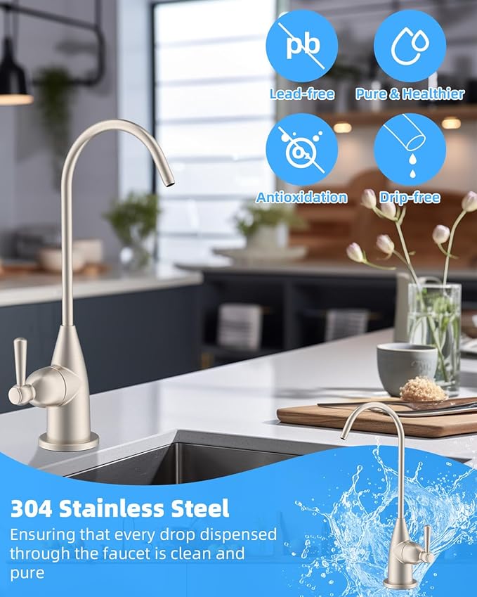 Hibbent Drinking Water Faucet for Bar and Kitchen Sink, Stainless Steel Reverse Osmosis RO Faucet for Under-Sink Filtration System, Brushed Nickel Finish
