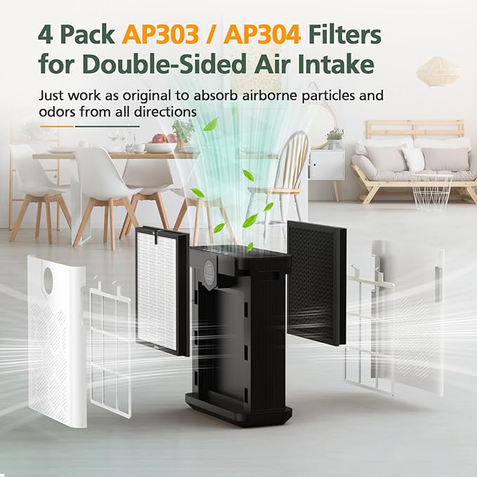 AP303 AP304 Replacement Filters, Compatible with DAYETTE AP303/304 Air Purifier, and for FRESHDEW AP303 AP304 Purifier, HEPA Filter with 3 Stage Filtration, 4 Pack (Standard-White)