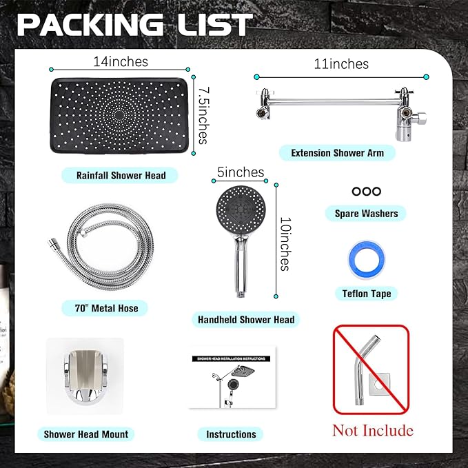 Shower Head 14'' High Pressure Rain Shower Head Combo, Filtered Handheld with 10 Water Spray, 3-Way Diverter Extension Arm Rainfall Showerhead, Adjustable Shower head with Anti-Clog Nozzles