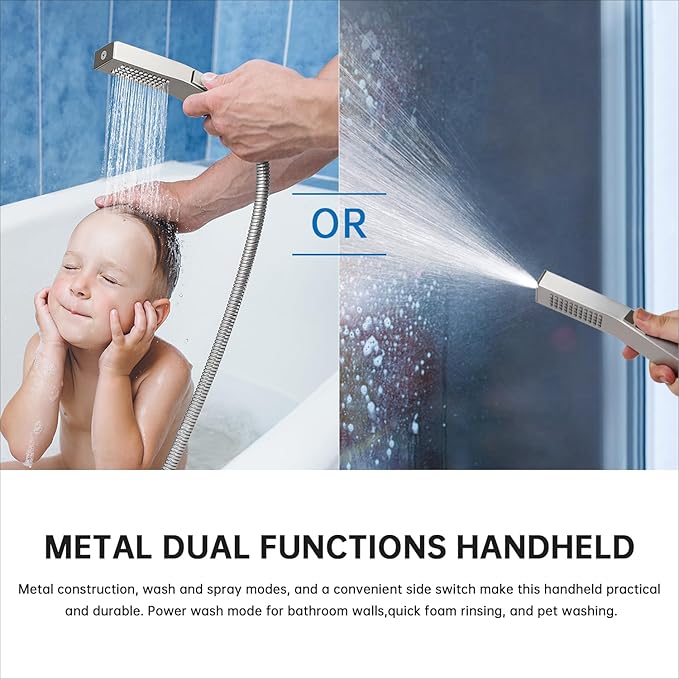 G-Promise All Metal 14 Inches Rainfall Shower Head with Handheld Spray Combo, 3 Settings Diverter, Adjustable Extension Arm with Lock Joints, 71 Inches Stainless Steel Hose (Brushed Nickel)