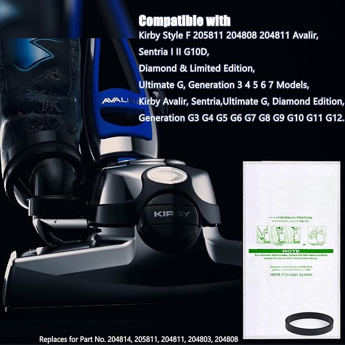 16 +2 Pack 204814 Micron Magic HEPA Filter Bags plus Belts Compatible with Kirby Part 205811 204814 204811 Universal Cloth Bags and All Kirby Sentria Vacuum G Series, Avalir Models