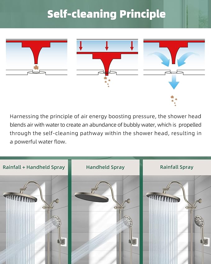 10'' Self-cleaning Rainfall Shower Head, High Pressure Handheld Shower Head, Showerhead Combo with 12'' Adjustable Curved Shower Extension Arm, 7-Spray, 71'' Hose, Showerhead Holder, Brushed Nickel
