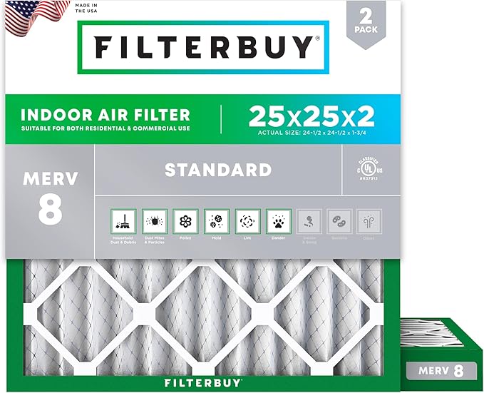 Filterbuy 25x25x2 Air Filter MERV 8 (MPR 700) Dust Defense Replacement (2-Pack), Electrostatic Pleated HVAC AC Furnace Filters, Made in USA (Actual Size: 24.50 x 24.50 x 1.75)