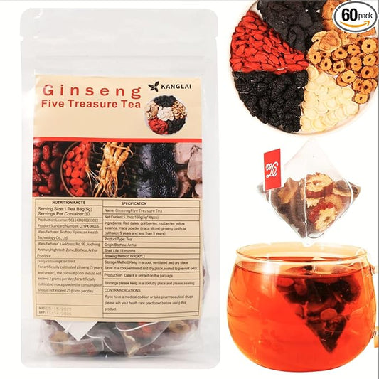 Ginseng Five Treasures Tea - 6 Precious Herbs Kidney Cleanse & Detox Tea, Traditional Chinese Organic Herbal Blend with Ginseng, Goji, Red Date for Men & Women (40 Bags)