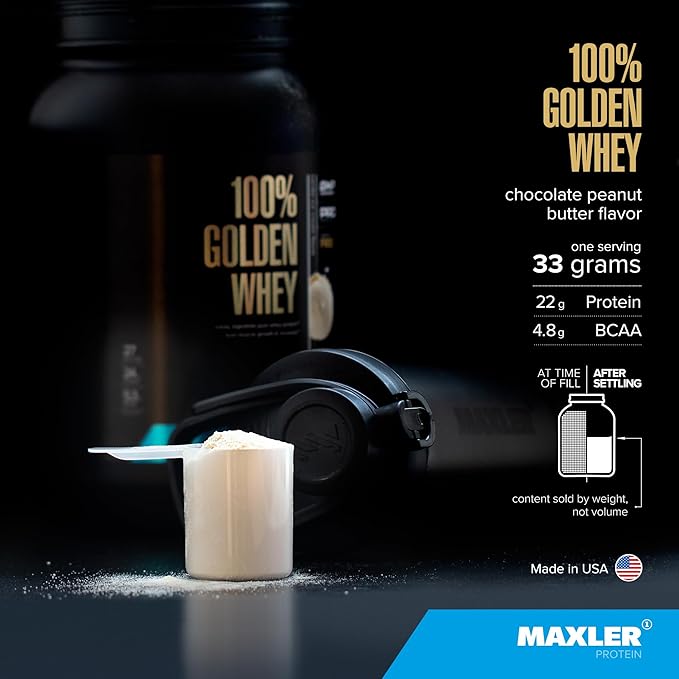 Maxler 100% Golden Whey Protein - 22g Protein per Serving - Premium Whey Protein Powder for Pre Post Workout - Fast-Absorbing Whey Concentrate Isolate Hydrolysate Blend - Chocolate Peanut Butter 5 lb