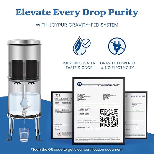 2.25G Gravity Water Filter System with New Water Level Window, 3-Stage 0.01μm Ultra-Filtration Stainless Steel Countertop System with 2 Thickened Carbon Filters and Stand, Reduce 99.9% Chlorine