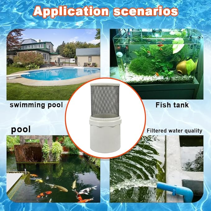 1.2 inch stainless steel filter cover connected to 1.2 inch/DN32 PVC water pipe, Suction Strainers 360 degree mesh rapid filtration used to remove debris and reduce solid entry