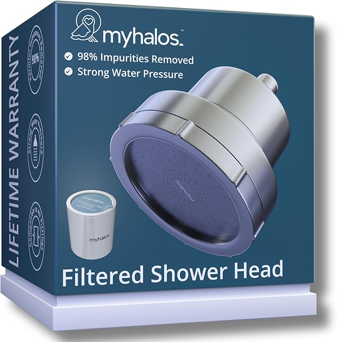 MyHalos® Filtered Shower Head for Hard Water Filter - High Pressure, Removes Chlorine - Shower Head Filter for Hard Water Softener Showerhead, Easy Install, For Hair & Skin, Filtering (Brushed Metal)