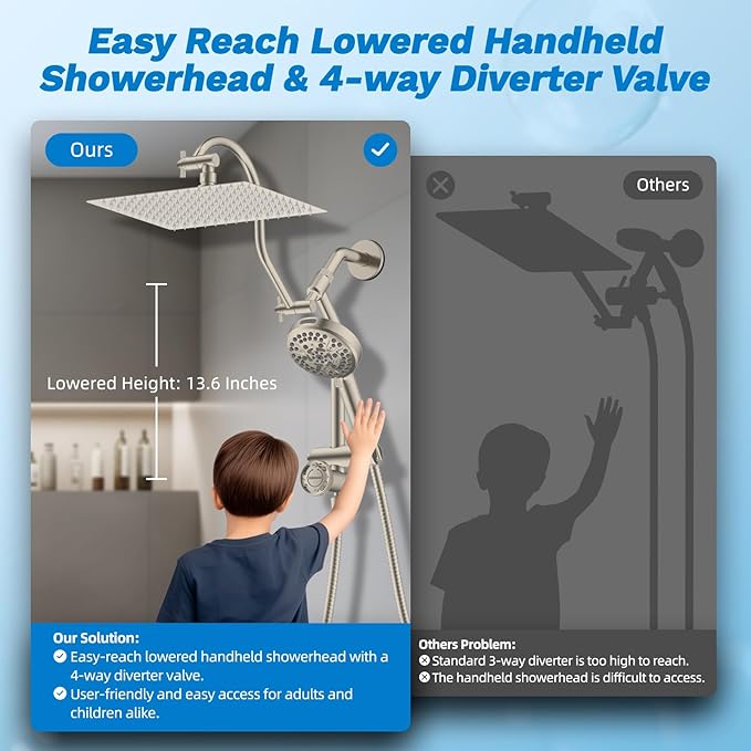 Hibbent Upgraded All Metal 12" Rainfall Showerhead Combo, High Pressure Shower Head with 10-Spray Mode Handheld, 4-way Diverter with Pause Mode, 71'' Shower Hose and Handheld Holder, Oil Rubbed Bronze