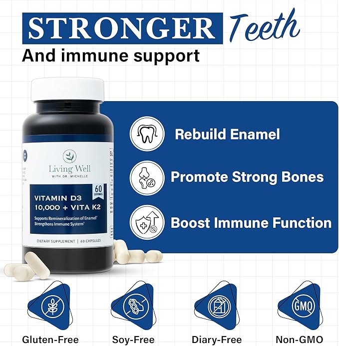 Vitamin D3 10,000 IU with K2 – Immune, Teeth, Bone Health Support, Non-GMO, Gluten & Dairy Free, 60 Day Supply, 60 Capsules